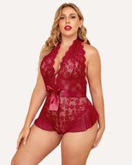 Plus Size Halter Deep V Neck Lace Bodysuit