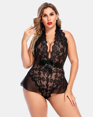 Plus Size Halter Deep V Neck Lace Bodysuit