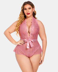 Plus Size Halter Deep V Neck Lace Bodysuit