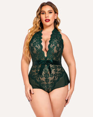 Plus Size Halter Deep V Neck Lace Bodysuit