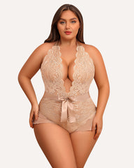 Plus Size Halter Deep V Neck Lace Bodysuit