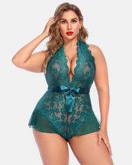 Plus Size Halter Deep V Neck Lace Bodysuit