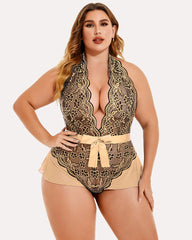 Plus Size Halter Deep V Neck Lace Bodysuit