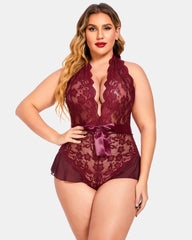 Plus Size Halter Deep V Neck Lace Bodysuit