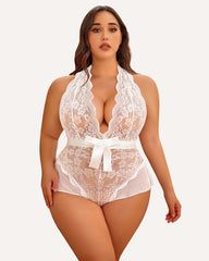 Plus Size Halter Deep V Neck Lace Bodysuit