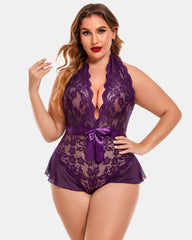 Plus Size Halter Deep V Neck Lace Bodysuit