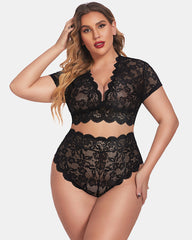 Plus Size Floral Lace Trim Set Deep V Bra Panties Set