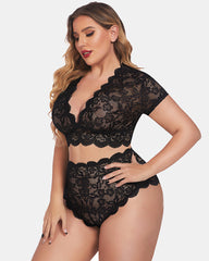 Plus Size Floral Lace Trim Set Deep V Bra Panties Set