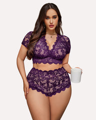 Plus Size Floral Lace Trim Set Deep V Bra Panties Set