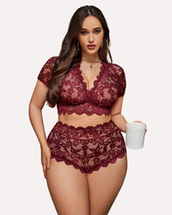 Plus Size Floral Lace Trim Set Deep V Bra Panties Set