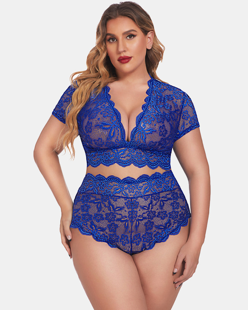 Plus Size Floral Lace Trim Set Deep V Bra Panties Set