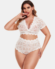 Plus Size Floral Lace Trim Set Deep V Bra Panties Set