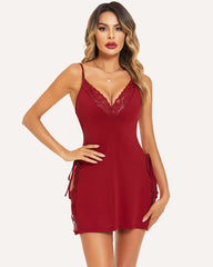 Lace Chemise Side Slit Nightie with Thong