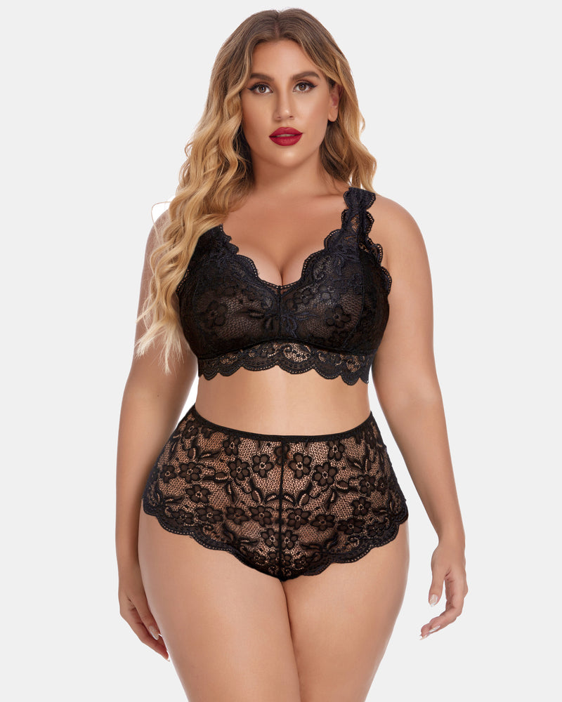 Plus Size Lace Halter High Waist Panty Set