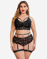 Plus Size Floral Lace Trim Bra High Waist Panties Set