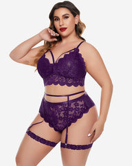 Plus Size Floral Lace Trim Bra High Waist Panties Set