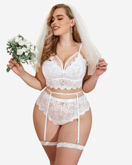 Plus Size Floral Lace Trim Bra High Waist Panties Set