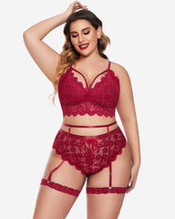 Plus Size Floral Lace Trim Bra High Waist Panties Set