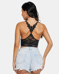 Padded Floral Lace V Neck Crop Top