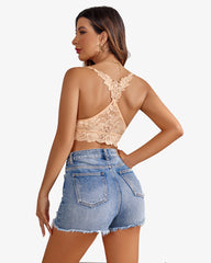 Crop top captusit cu dantela florala cu decolteu in V