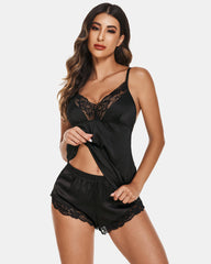 Satin Pajamas Set Lace Cami Shorts Set