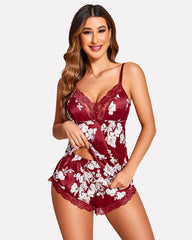 Satin Pajamas Set Lace Cami Shorts Set