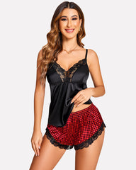 Satin Pajamas Set Lace Cami Shorts Set