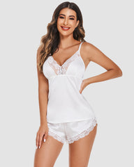 Satin Pajamas Set Lace Cami Shorts Set