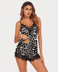 Set de pijamale cu imprimeu leopard cu dantelă