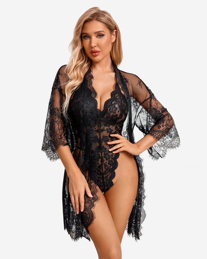 Set 2 piese halat kimono din dantela cu plus de dantela