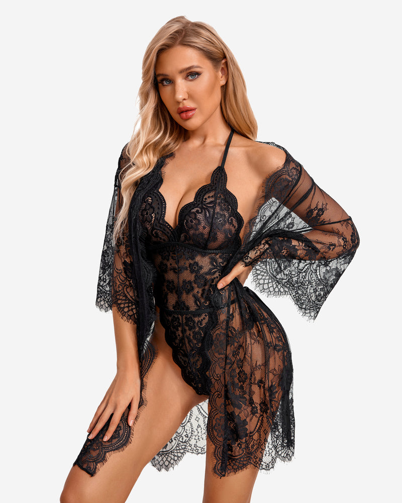 Set 2 piese halat kimono din dantela cu plus de dantela
