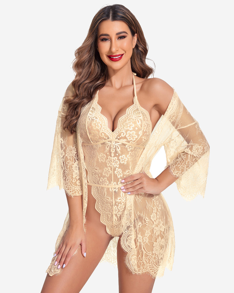 Set 2 piese halat kimono din dantela cu plus de dantela