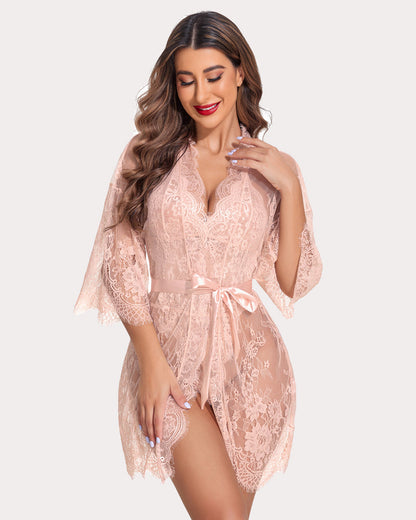 Set 2 piese halat kimono din dantela cu plus de dantela