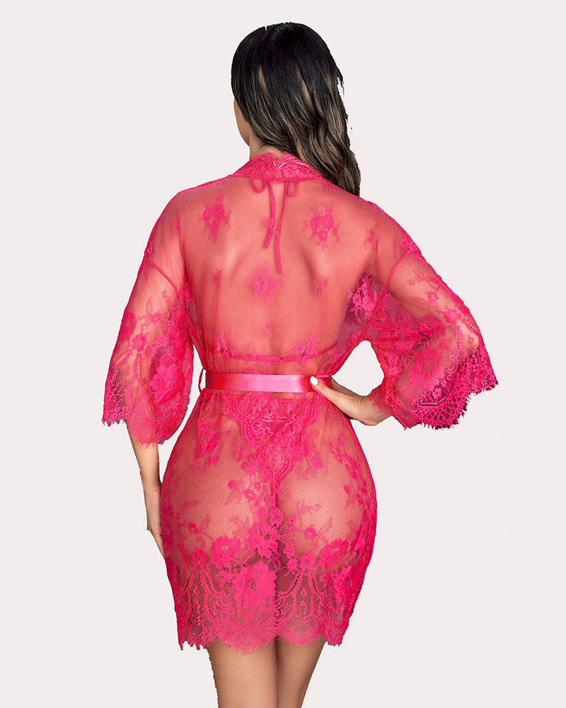 Set 2 piese halat kimono din dantela cu plus de dantela