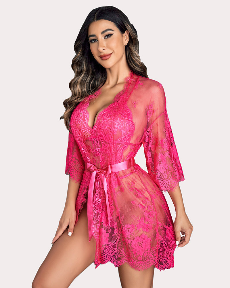 Set 2 piese halat kimono din dantela cu plus de dantela