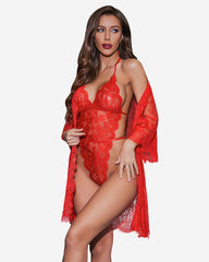 2 Piece Set Lace Kimono Robe with Lace Teddy