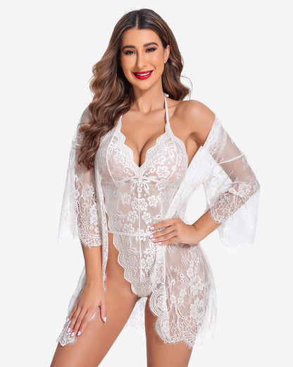 Set 2 piese halat kimono din dantela cu plus de dantela