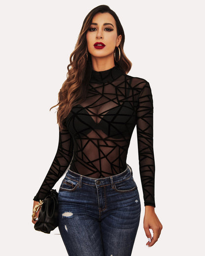 Long Sleeve Floral Turtleneck Sheer Bodysuit