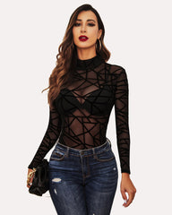 Turtleneck Sheer Mesh Bodysuit Geo Print Leotards