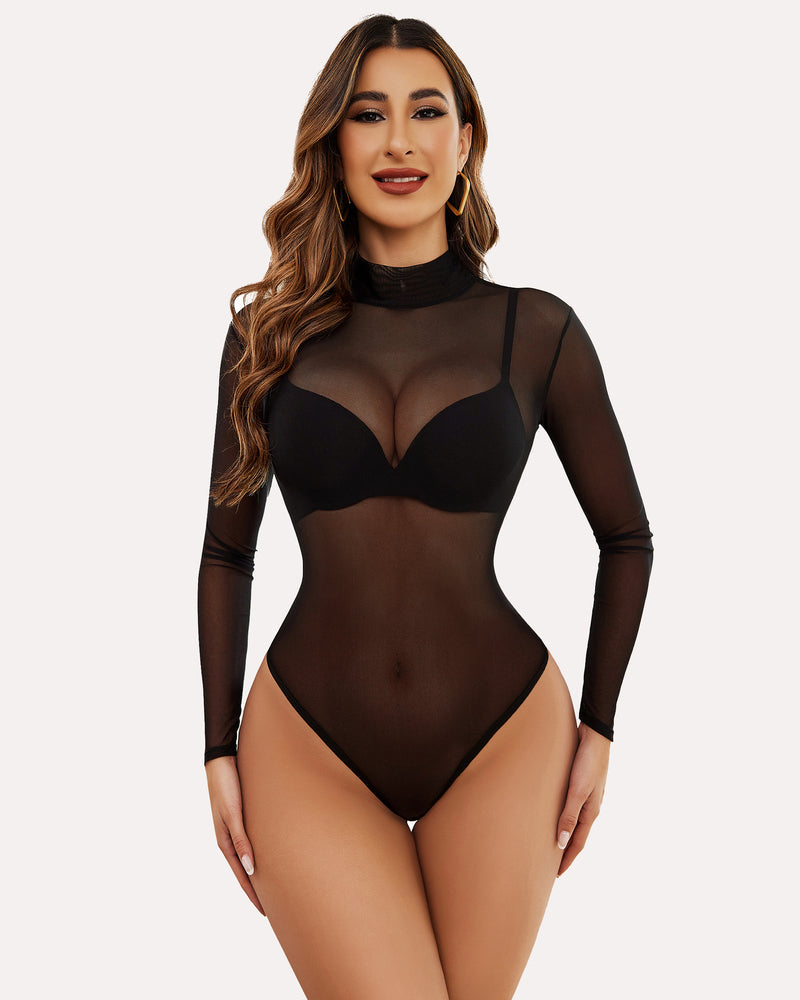 Turtleneck Sheer Mesh Bodysuit Geo Print Leotards