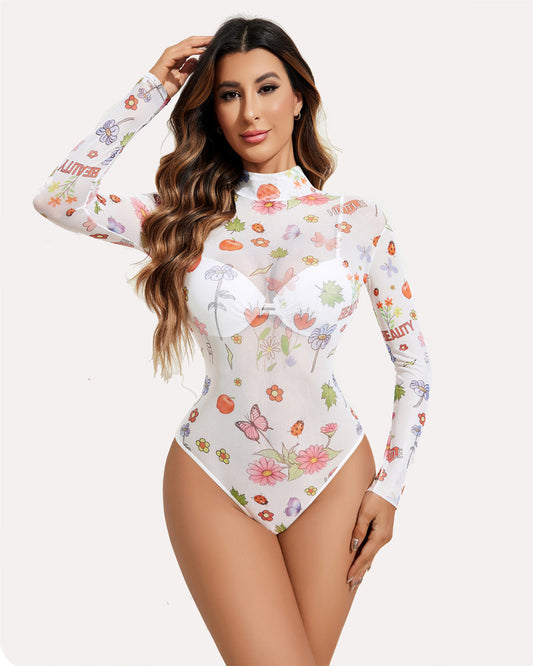 Body transparent cu mânecă lungă cu gât cu flori