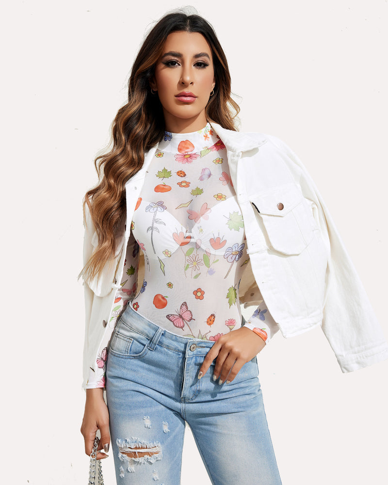 Long Sleeve Floral Turtleneck Sheer Bodysuit