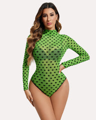 Turtleneck Sheer Mesh Bodysuit Geo Print Leotards