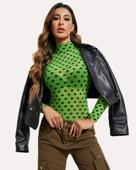 Turtleneck Sheer Mesh Bodysuit Geo Print Leotards