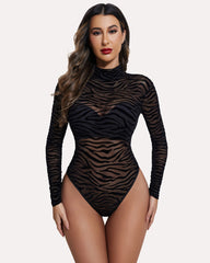 Turtleneck Sheer Mesh Bodysuit Geo Print Leotards