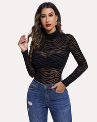 Turtleneck Sheer Mesh Bodysuit Geo Print Leotards