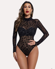 Turtleneck Sheer Mesh Bodysuit Geo Print Leotards