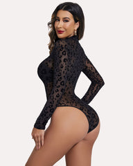 Turtleneck Sheer Mesh Bodysuit Geo Print Leotards