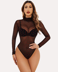 Turtleneck Sheer Mesh Bodysuit Geo Print Leotards