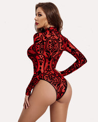 Turtleneck Sheer Mesh Bodysuit Geo Print Leotards